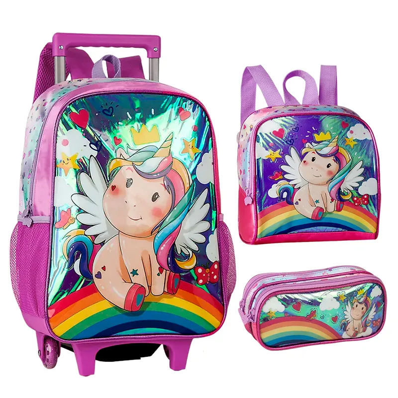 Kit Mochila Carrinho + Estojo + Lancheira Clio Style Unicornio